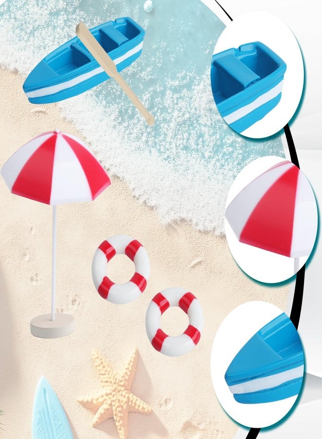 Begino 4 Sets of Miniature Rowboat Mini Blue Boat with Red Oars Figurines Micro Landscape Life Buoy Red Beach Umbrellas Canoe Models Ocean Beach Scene Ornaments - Image 3